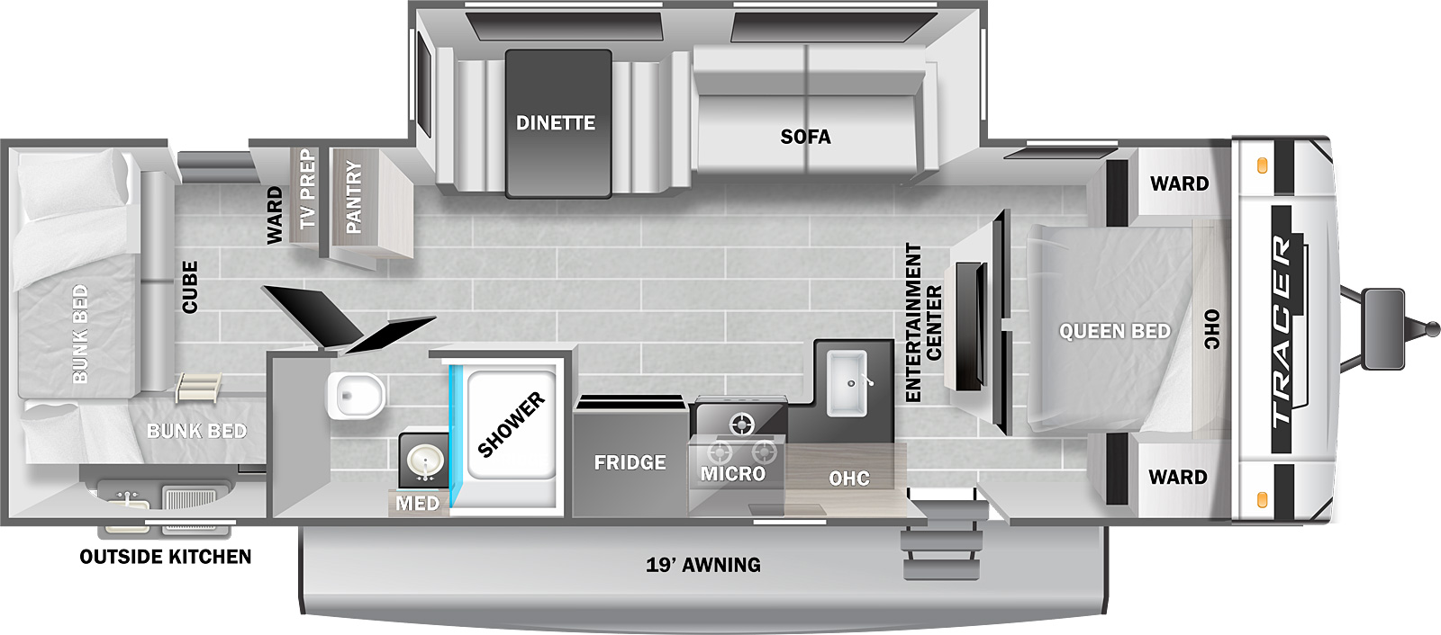 The Tracer 29QBD floorplan has one entry door, a 19 foot power awning, an outside kitchen with a sink and a grill, and one slideout. The entry door leads to the front bedroom on the right and a living area on the left. Directly to the left of the entry door is an L-shaped counter top with a sink and stove. A microwave is above the stove. Overhead storage is above the countertop to the right of the microwave. To the left of the countertop is a refrigerator. The rear wall of the living area leads to a bunk room in the rear of the RV. The bunk room has bunk beds on the door side and a cube sofa with a bunk bed above in the rear. The front of the bunk room has a wardrobe with TV prep in the front off door side corner and a door in the middle. The door leads to a bathroom door on the right and the living area on the left. The bathroom has a toilet, a sink with a medicine cabinet above and a shower. Back in the living area, the rear off door corner has a pantry. The off door side slideout is to the right of the pantry. The slideout has a booth dinette and a sofa. The front wall of the living area has an entertainment center. Sliding doors are on the left and right of the entertainment center. The sliding doors both lead to the bedroom. The bedroom has a queen bed with a wardrobe and night stand on the right and left and overhead storage above.