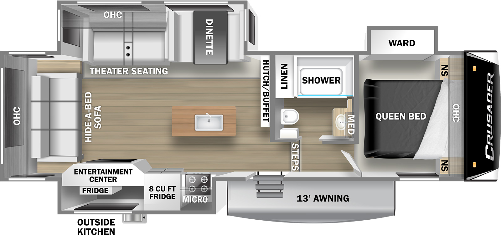 Crusader Lite 29RS floorplan. The 29RS has 2 slide outs and one entry door.