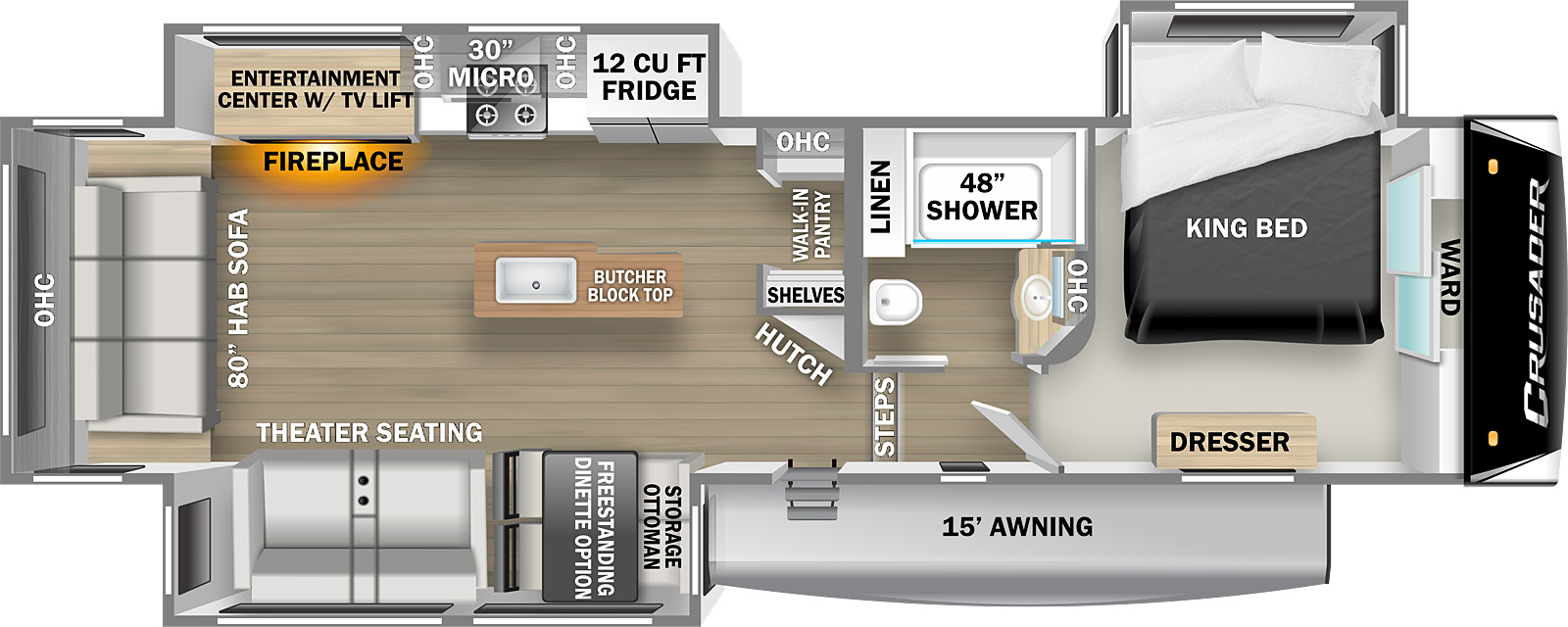 The Crusader 335RLP has a single entry door, 15' awning, and three slideouts, one on the door side and two on the off-door side. The front of the unit is a slideout bedroom with king bed, wardrobe, and dresser. The bedroom door leads to a hallway with two steps into the main living area. On the right side of the hallway is the bathroom with 48" shower, sink and medicine cabinet, linen closet, and commode. Standing at the base of the steps, there is a hutch to your right with shelves, a walk-in pantry, and overhead cabinets. There is a kitchen island with butcher block countertop and sink near the middle of the room. On the right is a slideout containing the kitchen and entertainment center with fireplace. The kitchen contains a 12 cubic foot refrigerator, stovetop with oven, 30" overhead microwave, and overhead cabinets. The entertainment center/fireplace faces the opposite wall. An 80" hide-a-bed sofa with overhead cabinets mounted above. The left wall of the unit is another slide room containing theater seating, a booth dinette with the option for a free-standing dinette, and storage ottoman.