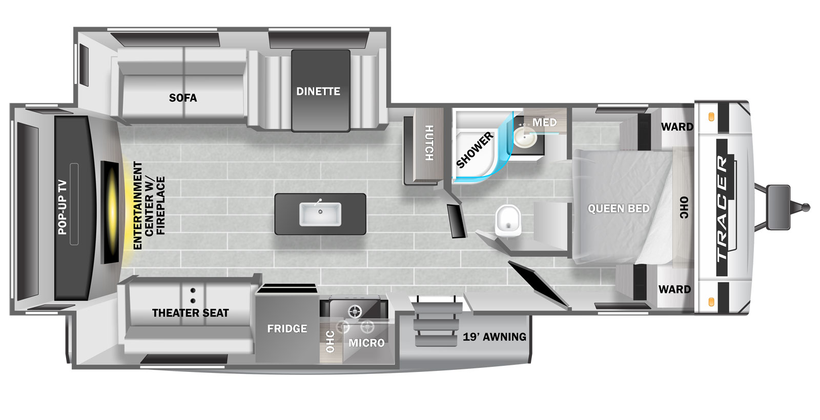 Tracer 28RES floorplan. The 28RES has 2 slide outs and one entry door.