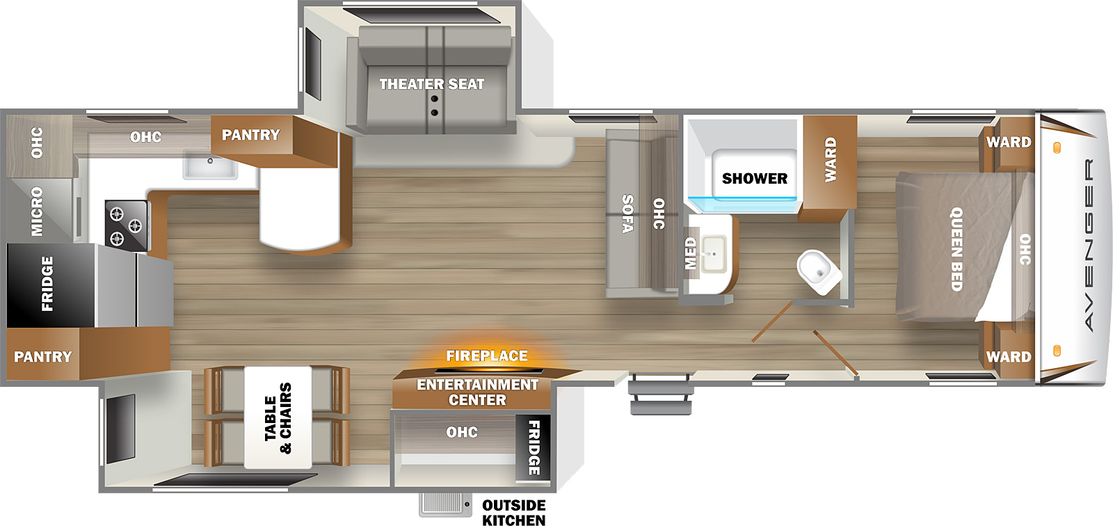 The 31RKD has a single entry door, outdoor kitchen, and two awnings that are 9' and 13' on the outside. Inside, there is a queen bedroom in the front of the unit with wardrobe cabinets and room to stand on either side of the bed. There is a tall wardrobe cabinet in the corner and additional cabinets mounted over the head of the bed. The bedroom door opens to a hallway leading to the main living area. On the right side of the hallway is the bathroom containing a sink with medicine cabinet, shower, and commode. On the outside bathroom wall is a sofa and overhead cabinets mounted perpendicular to the length of the unit and pointed toward the rear. On the left is a slide room containing an entertainment center with fireplace and dinette table with four chairs. On the opposite wall is another slide out containing theater seating. The kitchen is located in the rear of the unit and contains two pantries, refrigerator, cooktop with oven, and countertop that hugs the rear right corner and along the rear right wall, then extends slightly sideways in a short peninsula. There are cabinets and a microwave oven mounted overhead. 