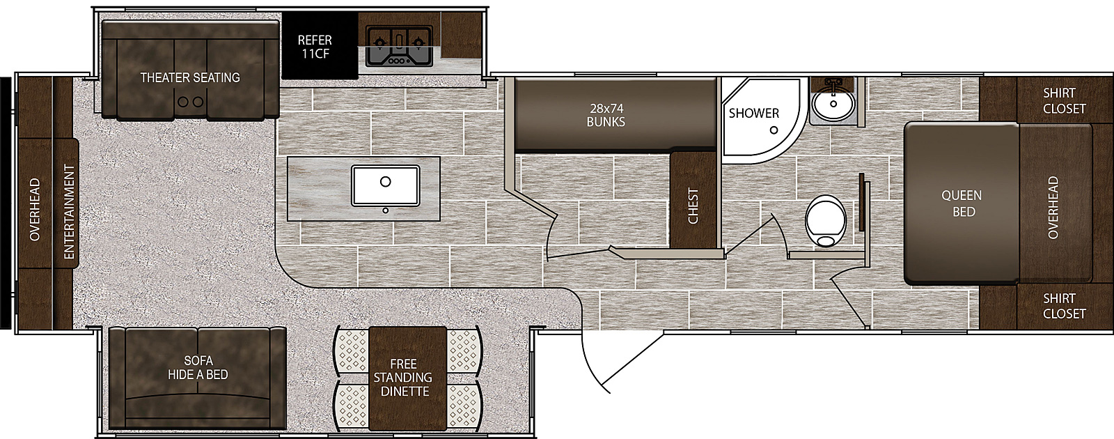 LaCrosse 3370MB floorplan. The 3370MB has 2 slide outs and one entry door.