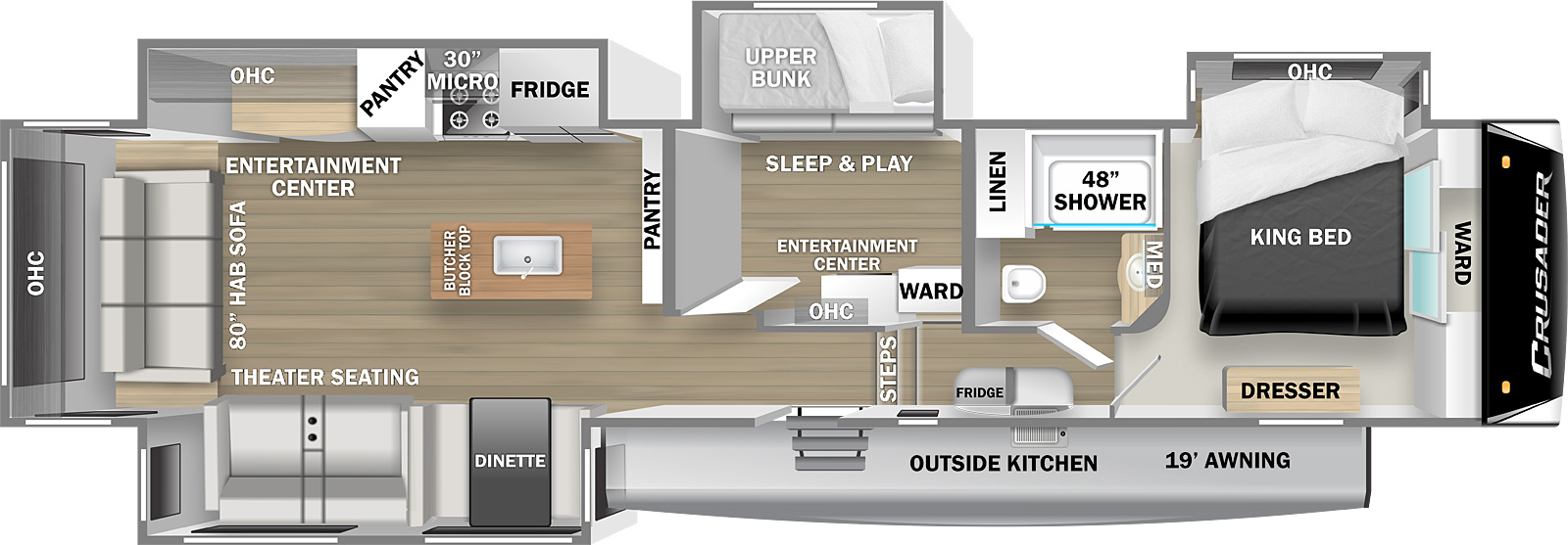Crusader 382MBH floorplan. The 382MBH has 4 slide outs and one entry door.