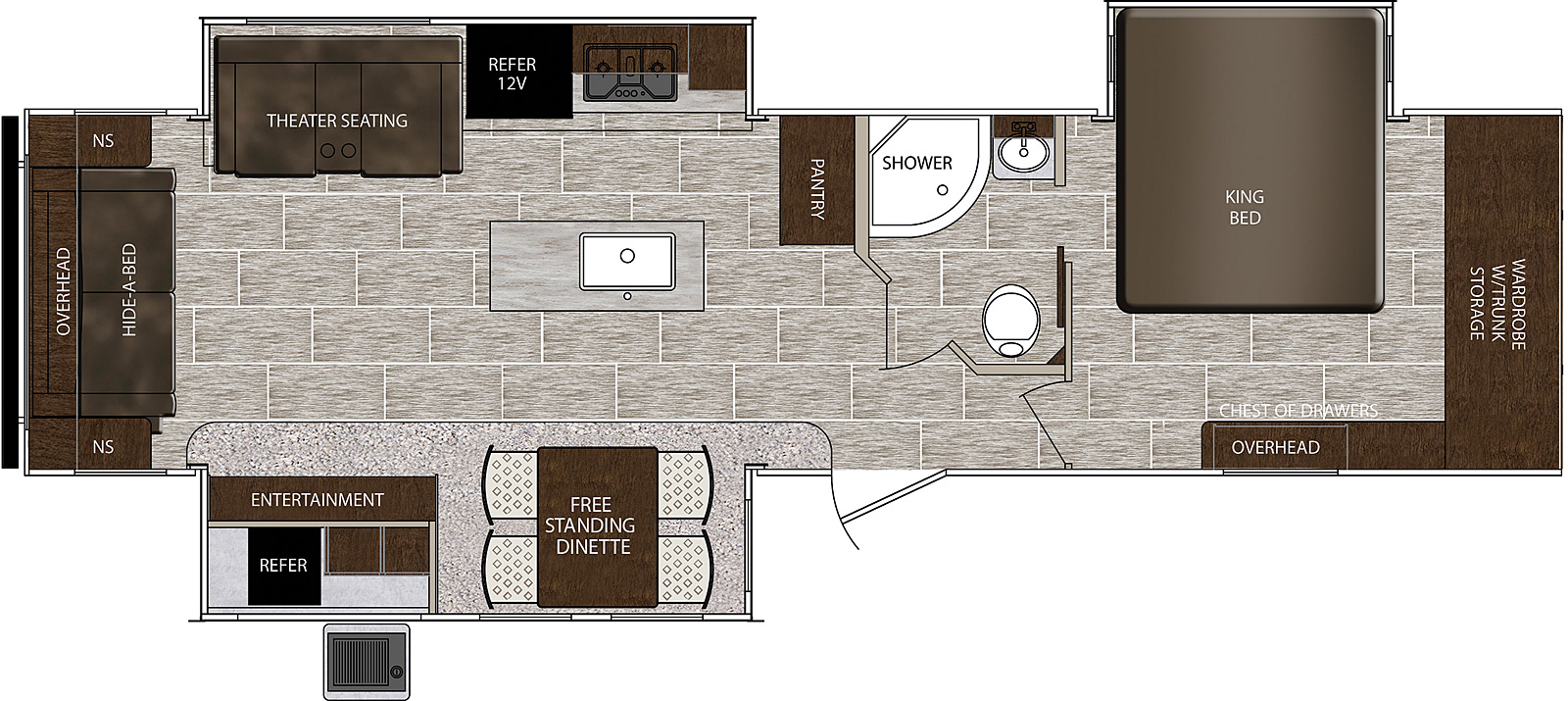 LaCrosse 3399SE floorplan. The 3399SE has 3 slide outs and one entry door.