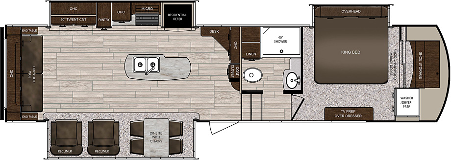 Sanibel 3202WB floorplan. The 3202WB has 3 slide outs and one entry door.