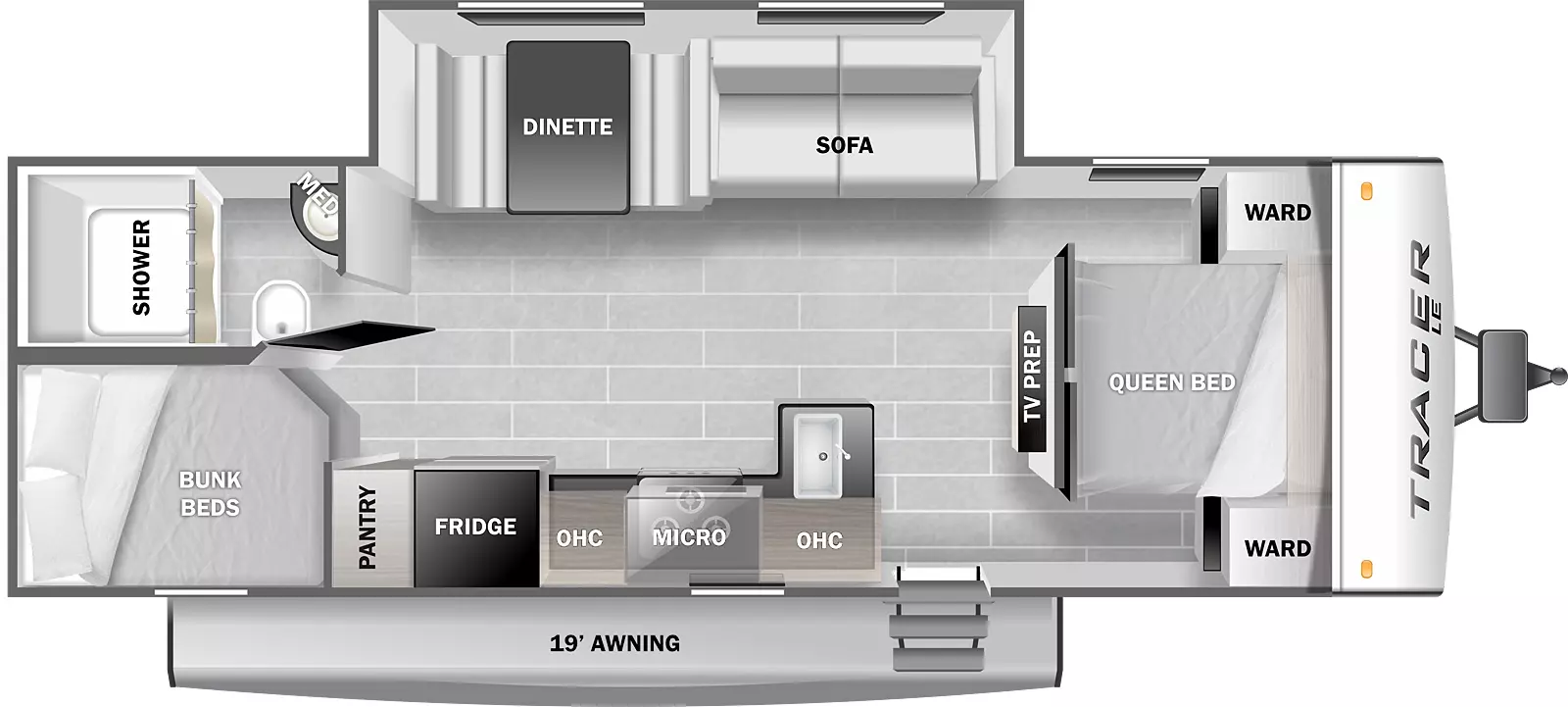 The Tracer LE 260BHSLE-DSO floorplan has one entry door, a 19 foot power awning, and one slideout. The entry door leads to the living area on the left and the bedroom on the right. Directly to the left of the entry door is an L-shaped counter top with a sink and stove. A microwave is above the stove. Overhead storage is above the countertop to the right and left of the microwave. To the left of he countertop are a refrigerator and a pantry. Bunk beds are in the rear door side corner of the RV. The rear off door corner has a door leading to the bathroom. The bathroom has a toilet, shower, and sink with a medicine cabinet above. The living area slideout is on the off door side and has a dinette and sofa. The front wall of the living area has a countertop and sliding doors on the left and right. The sliding doors both lead to the bedroom. The bedroom has a queen bed with a wardrobe and night stand on the right and left and overhead storage above.