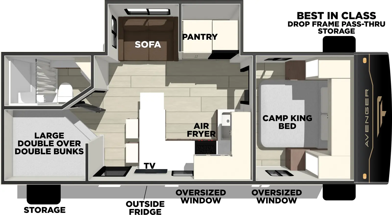 The Avenger 25MKB floorplan has one entry and one slide out. Exterior features include: metal exterior. Interiors features include: bunk beds and front bedroom.