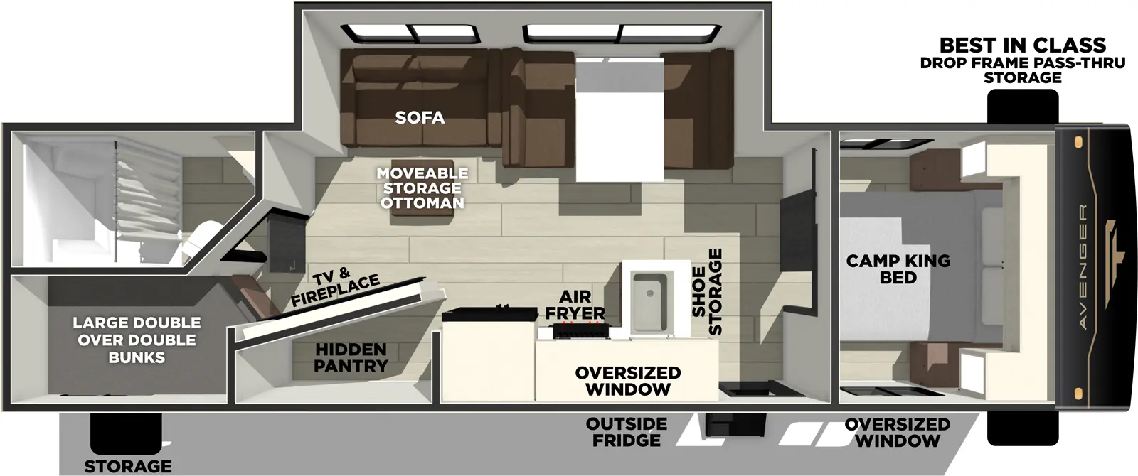 The Avenger 26DBS floorplan has one entry and one slide out. Exterior features include: metal exterior and 16' awning. Interiors features include: bunk beds and front bedroom.