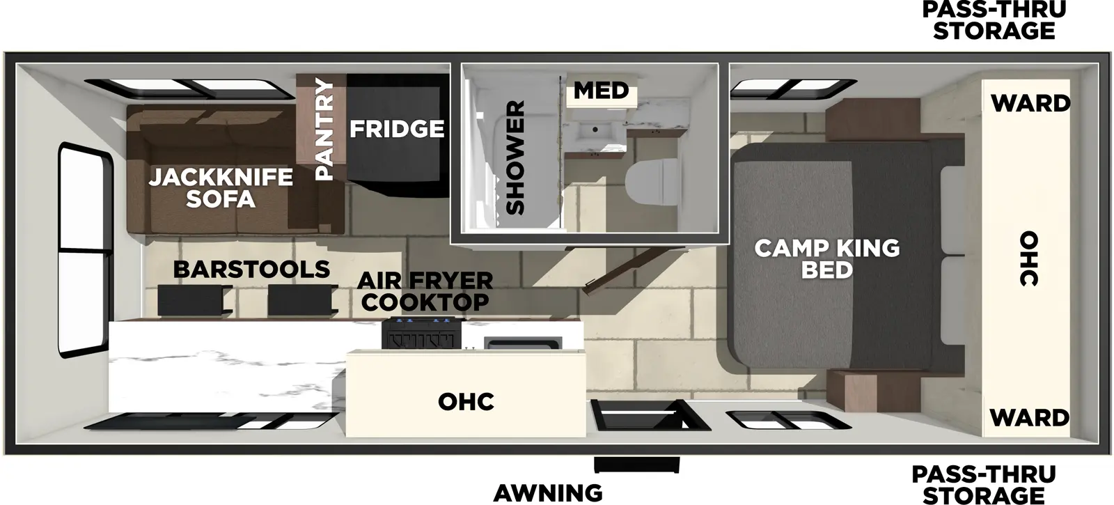 The Tracer 220RS floorplan has one entry and zero slide outs. Exterior features include: fiberglass exterior and 15' awning. Interiors features include: front bedroom and rear living.