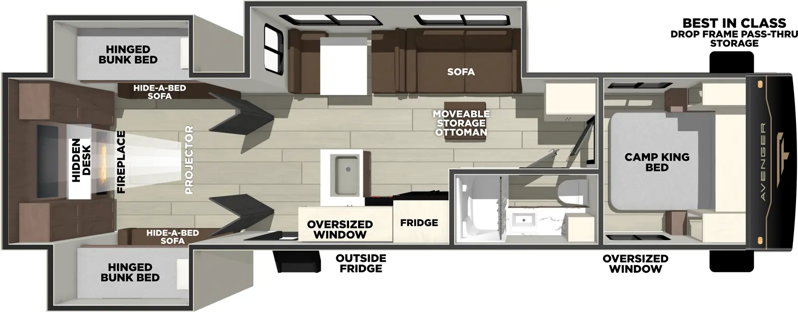 The Avenger 30PO floorplan has one entry and three slide outs. Exterior features include: metal exterior. Interiors features include: bunk beds and front bedroom.