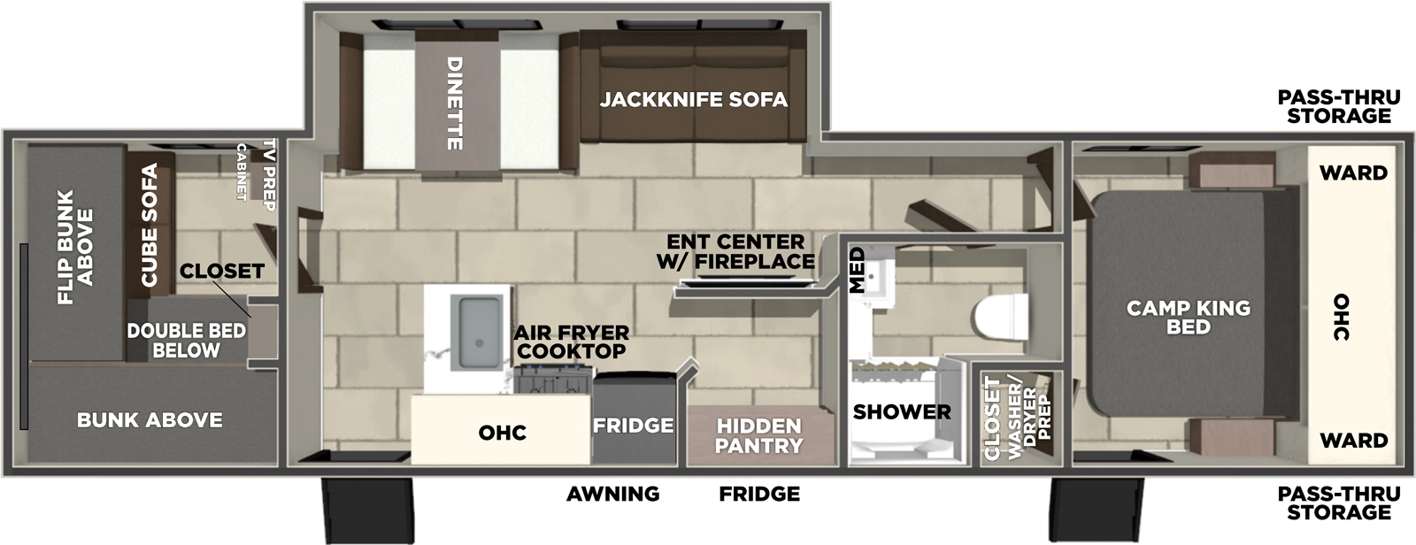 The Tracer 290QB floorplan has one entry and one slide out. Exterior features include: metal exterior. Interiors features include: bunk beds and front bedroom.