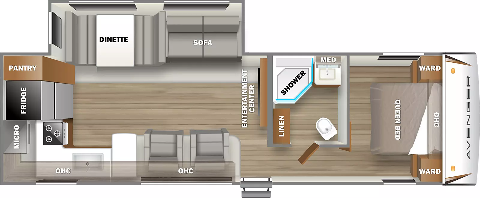 The Avenger 27RKS has a single entry door and 16' awning on the exterior. Inside, a queen bedroom takes up the front of the coach. There are wardrobe cabinets and room to stand on either side of the bed. There are cabinets mounted over the head of the bed as well. Just outside the bedroom is the bathroom containing an angled shower, sink with medicine cabinet, linen closet, and commode. There is an entertainment center located on the outside wall of the bathroom, situated perpendicular to the length of the unit and facing the rear. On the right is a slide room containing a sofa and booth dinette. Across from the sofa on the left wall is a set of theater seats with cabinets mounted above. The rear of the unit is the kitchen, with countertop, sink, cooktop and oven, refrigerator, and pantry. There are cabinets and a microwave mounted overhead. 